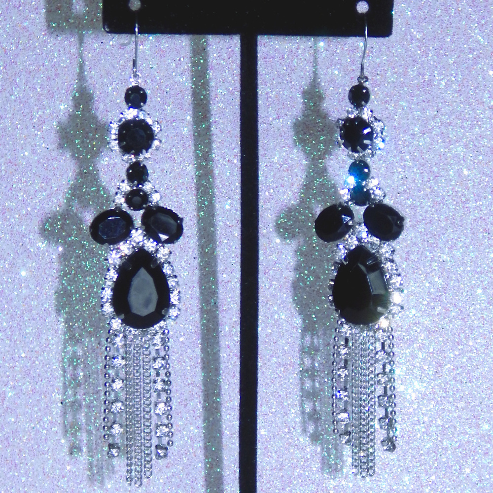 Rhinestone and black tear drop earrings
